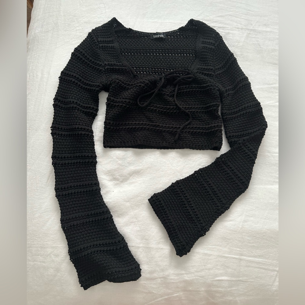Boohoo Black Crochet Cropped Sweater
